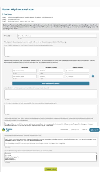 Editing the reason why insurance letter in Fast and Full Insurance