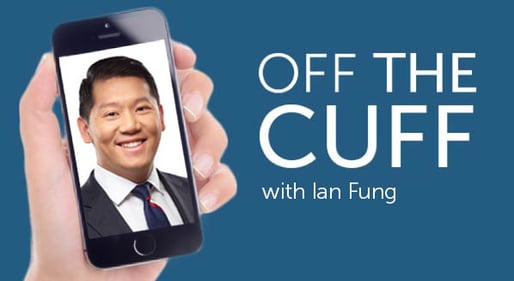 A hand holding a smartphone containing a close-up photo of a businessman next to the text “Off the cuff with Ian Fung”
