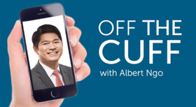 A hand holding a smartphone containing a close-up photo of a businessman next to the text “Off the cuff with Albert Ngo”