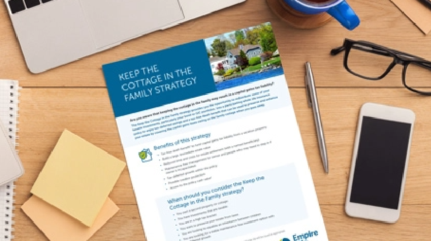 A brochure for clients on the Keep the Cottage in the Family strategy on a desk with accessories around it